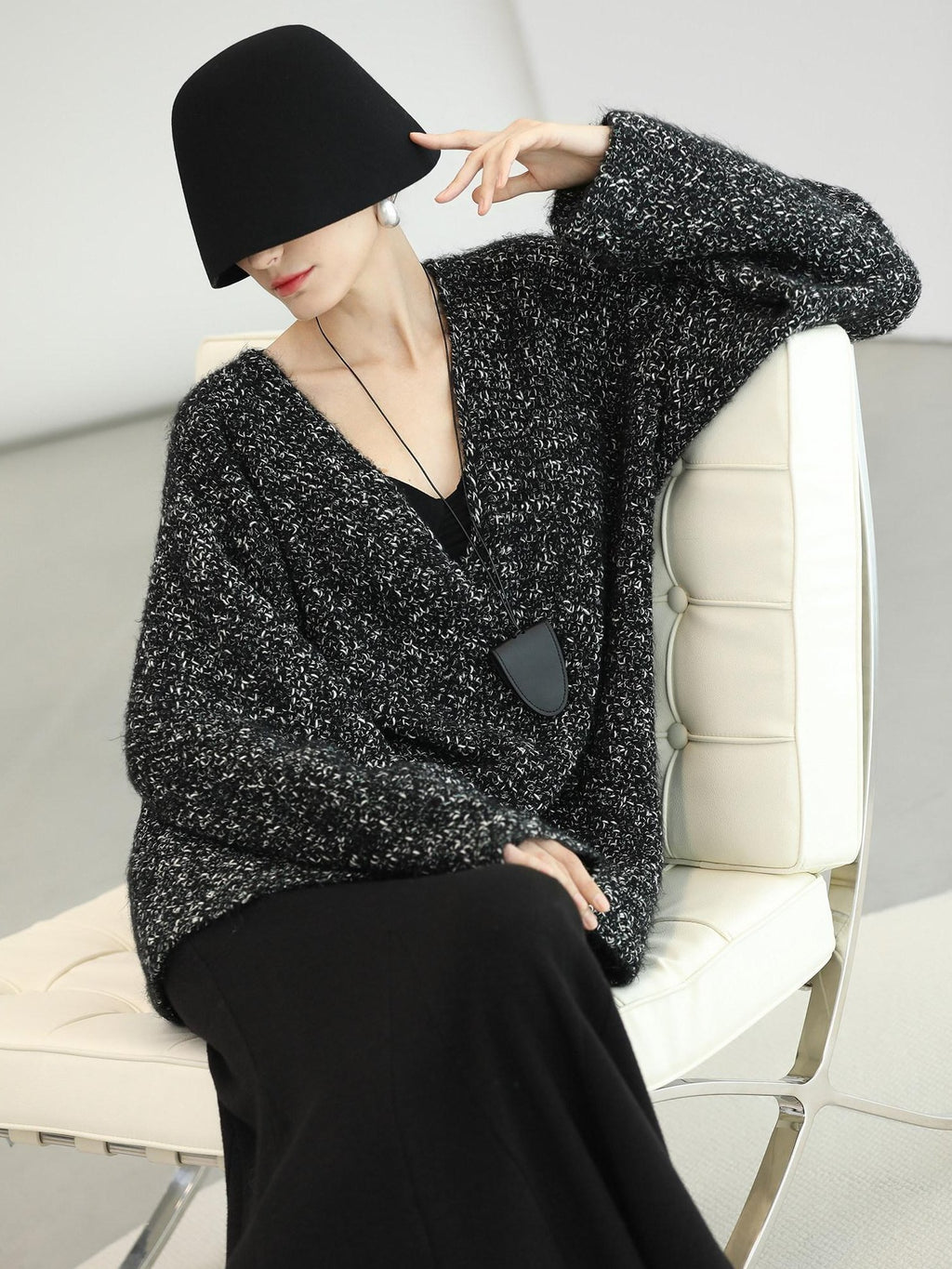 COCOBELLA Cozy Metallic V Neck Loose Mid Length Workwear Knit Panda Color Sweater