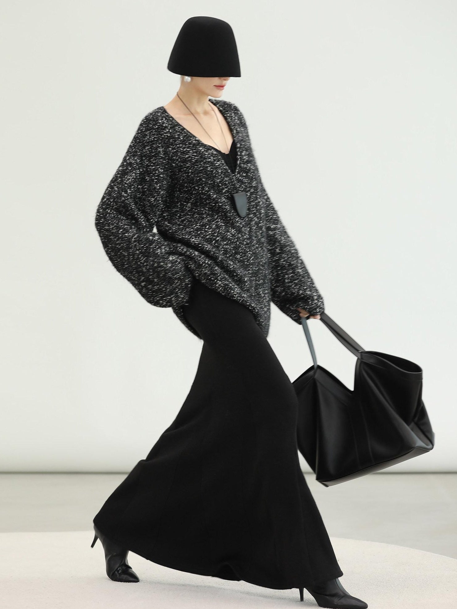 COCOBELLA Cozy Metallic V Neck Loose Mid Length Workwear Knit Panda Color Sweater