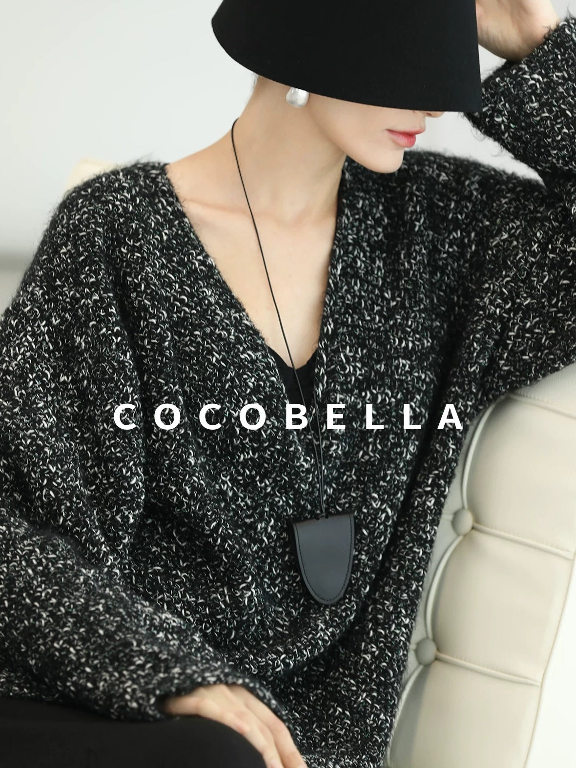 COCOBELLA Cozy Metallic V Neck Loose Mid Length Workwear Knit Panda Color Sweater