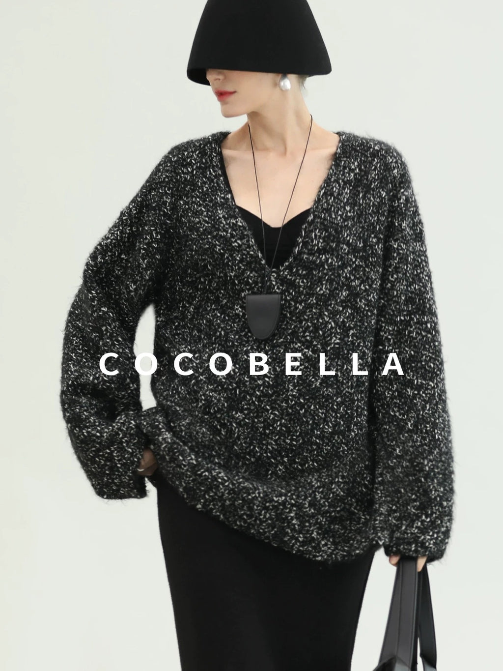 COCOBELLA Cozy Metallic V Neck Loose Mid Length Workwear Knit Panda Color Sweater