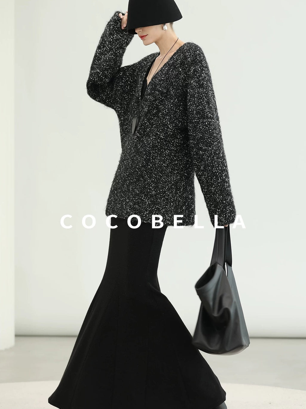 COCOBELLA Cozy Metallic V Neck Loose Mid Length Workwear Knit Panda Color Sweater