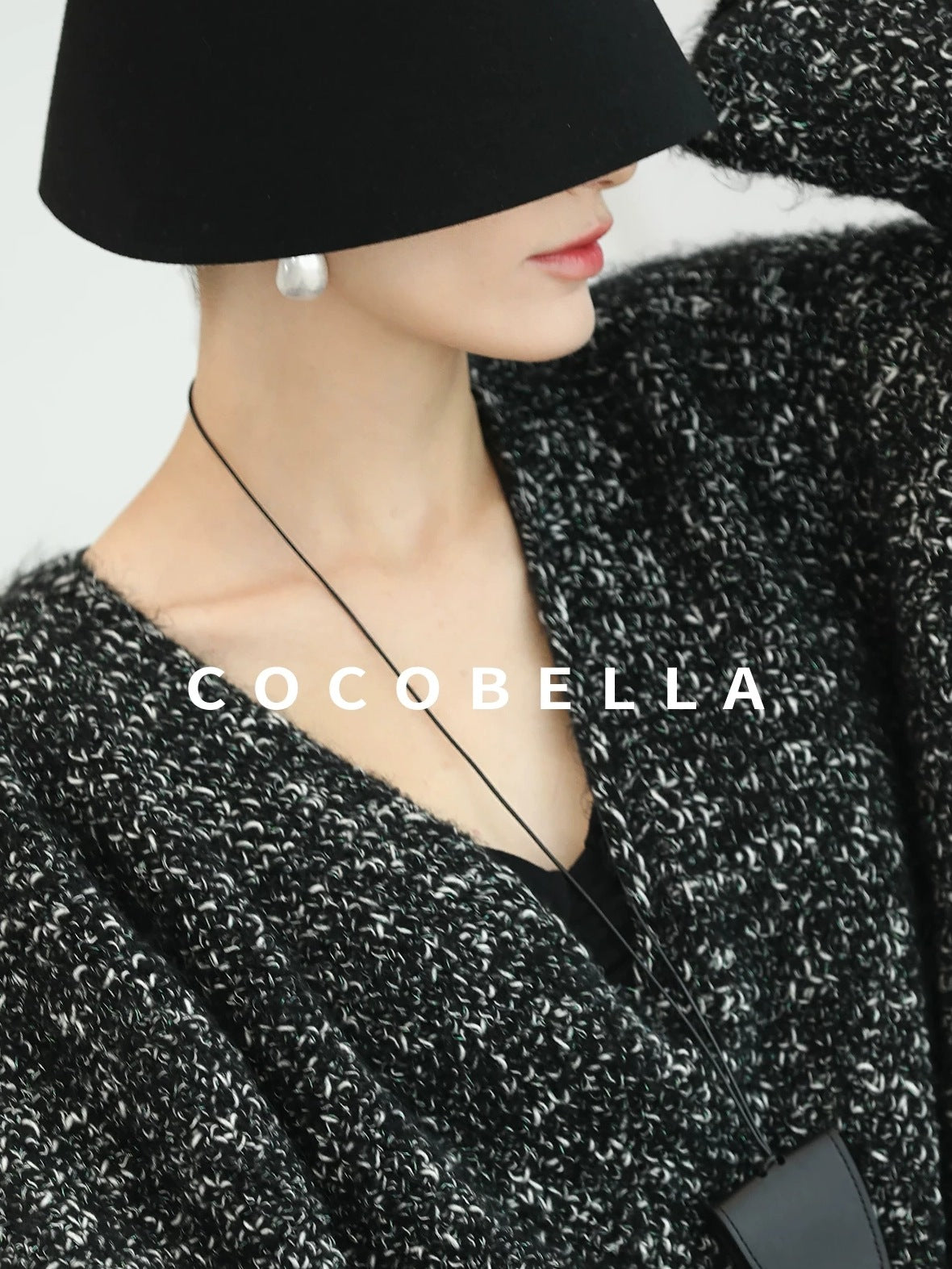 COCOBELLA Cozy Metallic V Neck Loose Mid Length Workwear Knit Panda Color Sweater