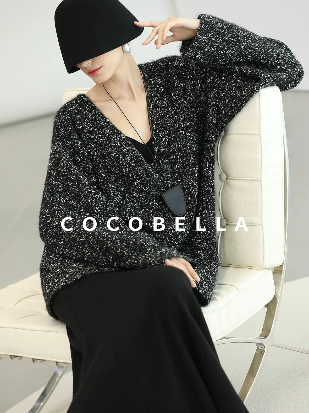 COCOBELLA Cozy Metallic V Neck Loose Mid Length Workwear Knit Panda Color Sweater