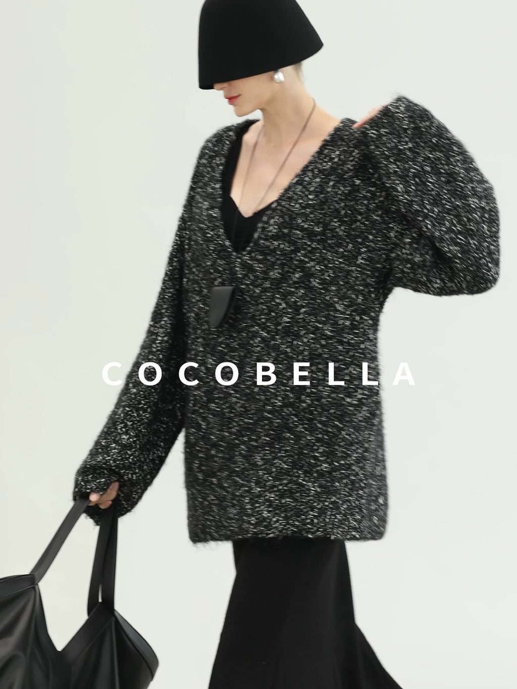 COCOBELLA Cozy Metallic V Neck Loose Mid Length Workwear Knit Panda Color Sweater