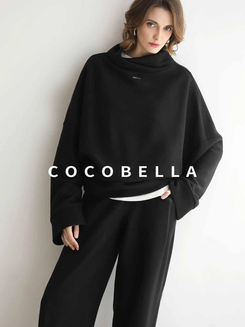 COCOBELLA Cozy Oversized Drop Shoulder Stand Collar Thick Street Casual Knit Sweater