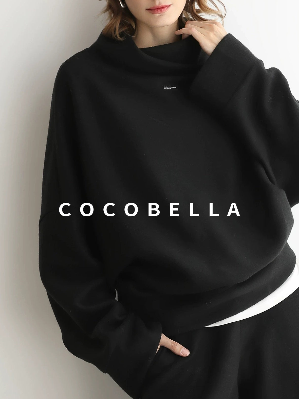COCOBELLA Cozy Oversized Drop Shoulder Stand Collar Thick Street Casual Knit Sweater
