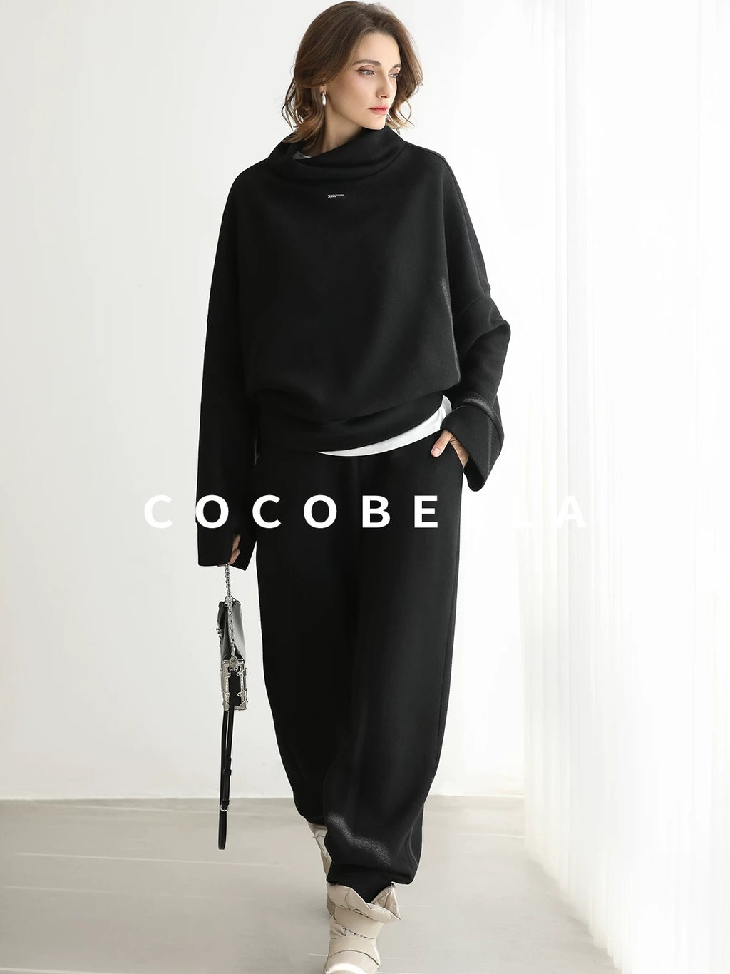 COCOBELLA Cozy Oversized Drop Shoulder Stand Collar Thick Street Casual Knit Sweater