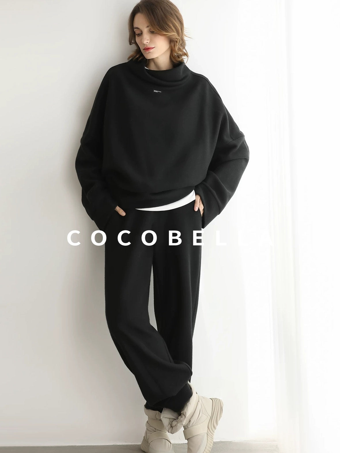 COCOBELLA Cozy Oversized Drop Shoulder Stand Collar Thick Street Casual Knit Sweater