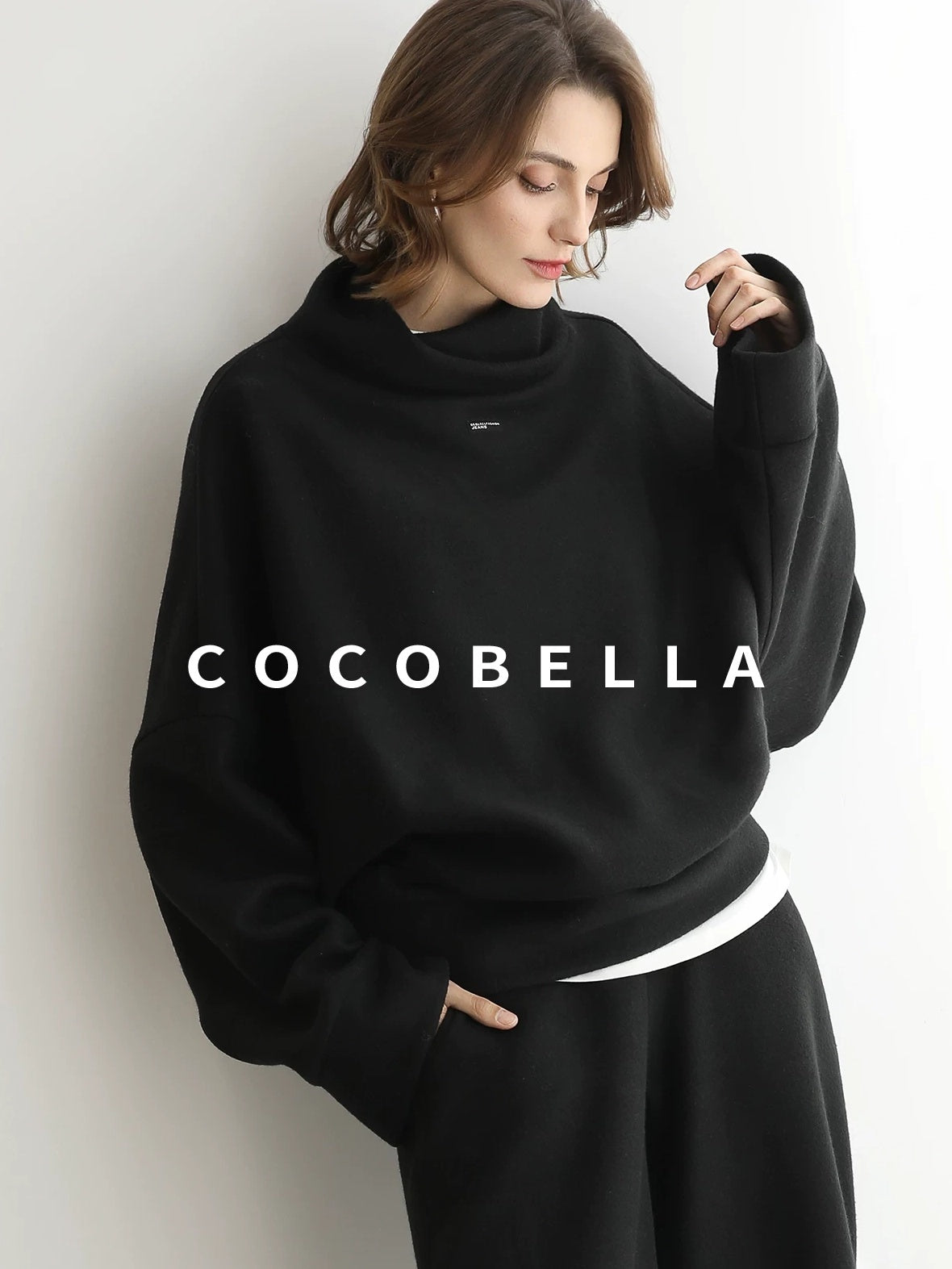 COCOBELLA Cozy Oversized Drop Shoulder Stand Collar Thick Street Casual Knit Sweater
