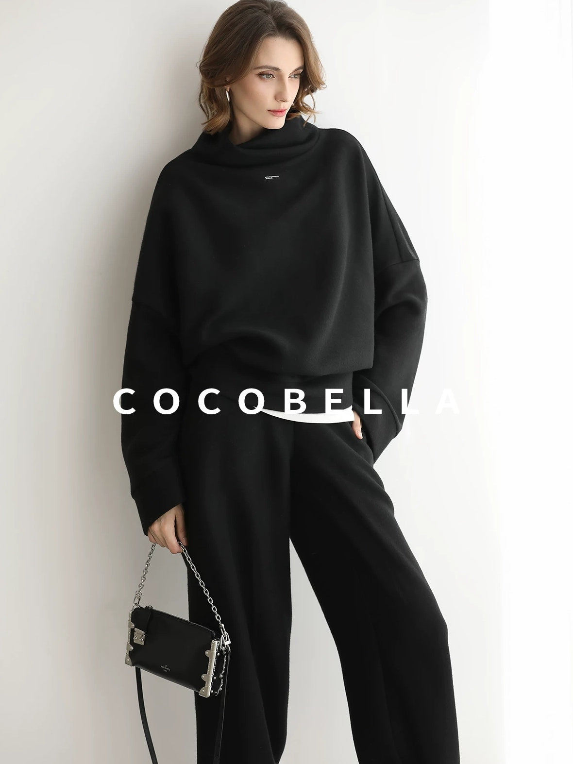 COCOBELLA Cozy Oversized Drop Shoulder Stand Collar Thick Street Casual Knit Sweater