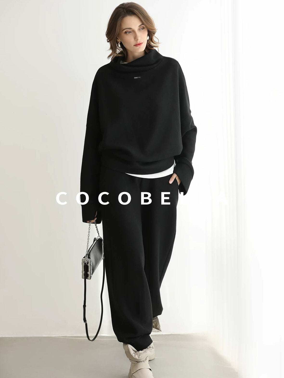 COCOBELLA Cozy Oversized Drop Shoulder Stand Collar Thick Street Casual Knit Sweater