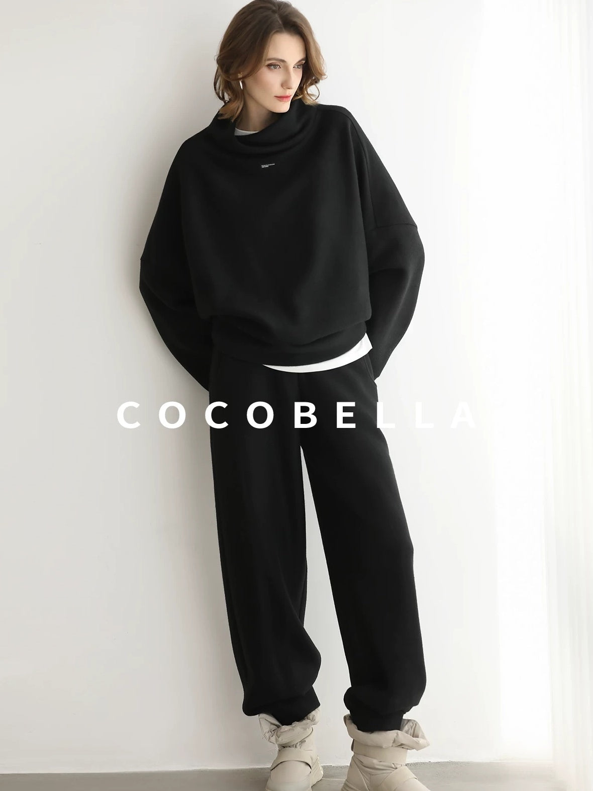 COCOBELLA Cozy Oversized Drop Shoulder Stand Collar Thick Street Casual Knit Sweater