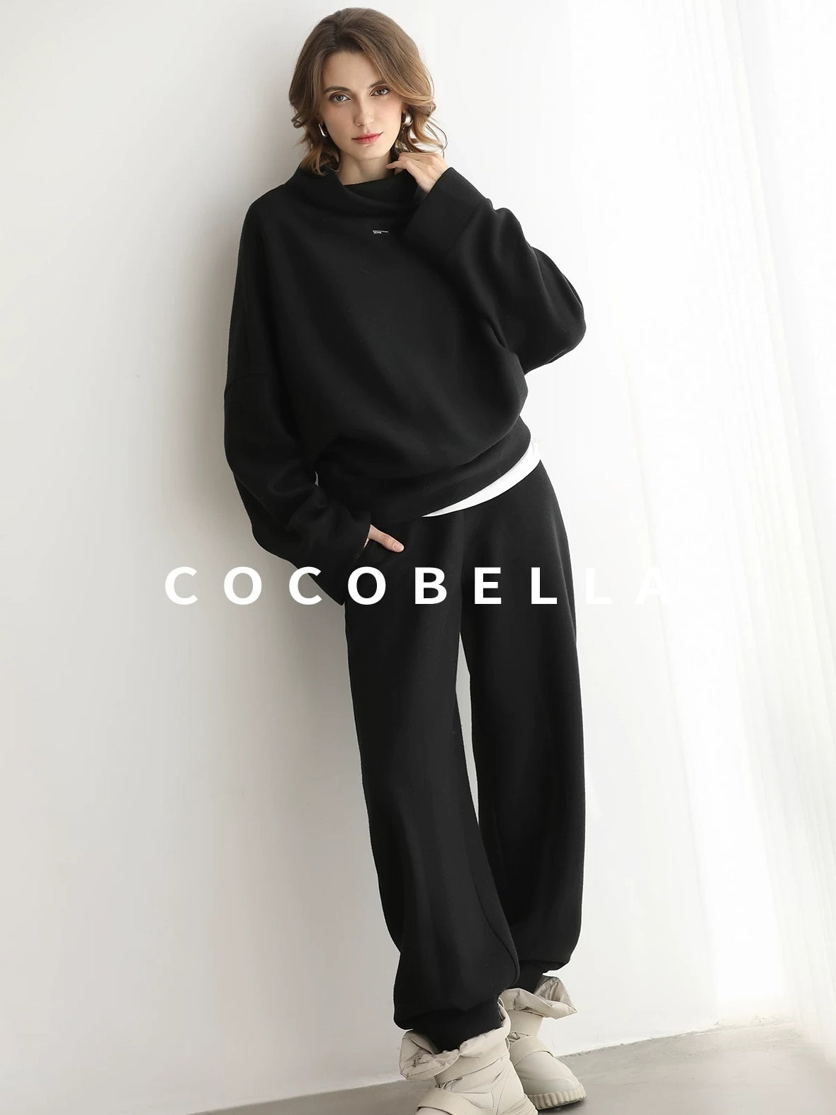 COCOBELLA Cozy Oversized Drop Shoulder Stand Collar Thick Street Casual Knit Sweater