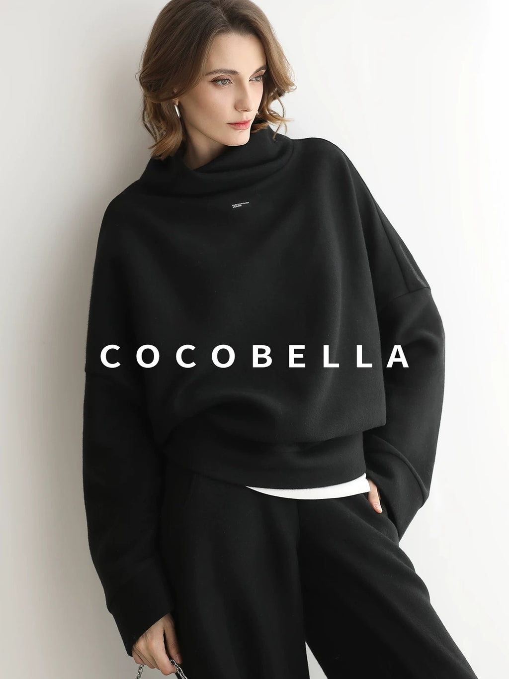 COCOBELLA Cozy Oversized Drop Shoulder Stand Collar Thick Street Casual Knit Sweater
