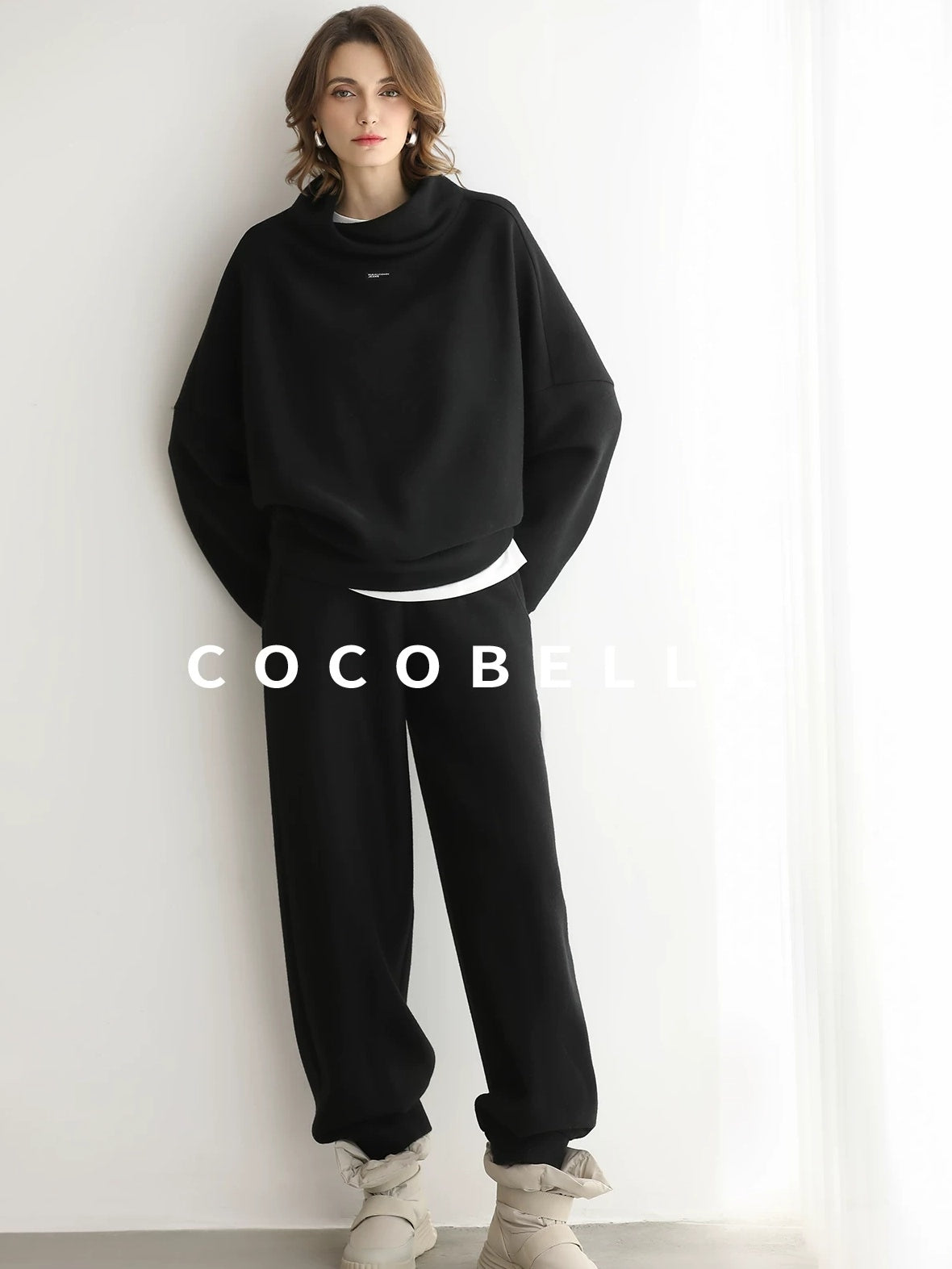COCOBELLA Cozy Oversized Drop Shoulder Stand Collar Thick Street Casual Knit Sweater