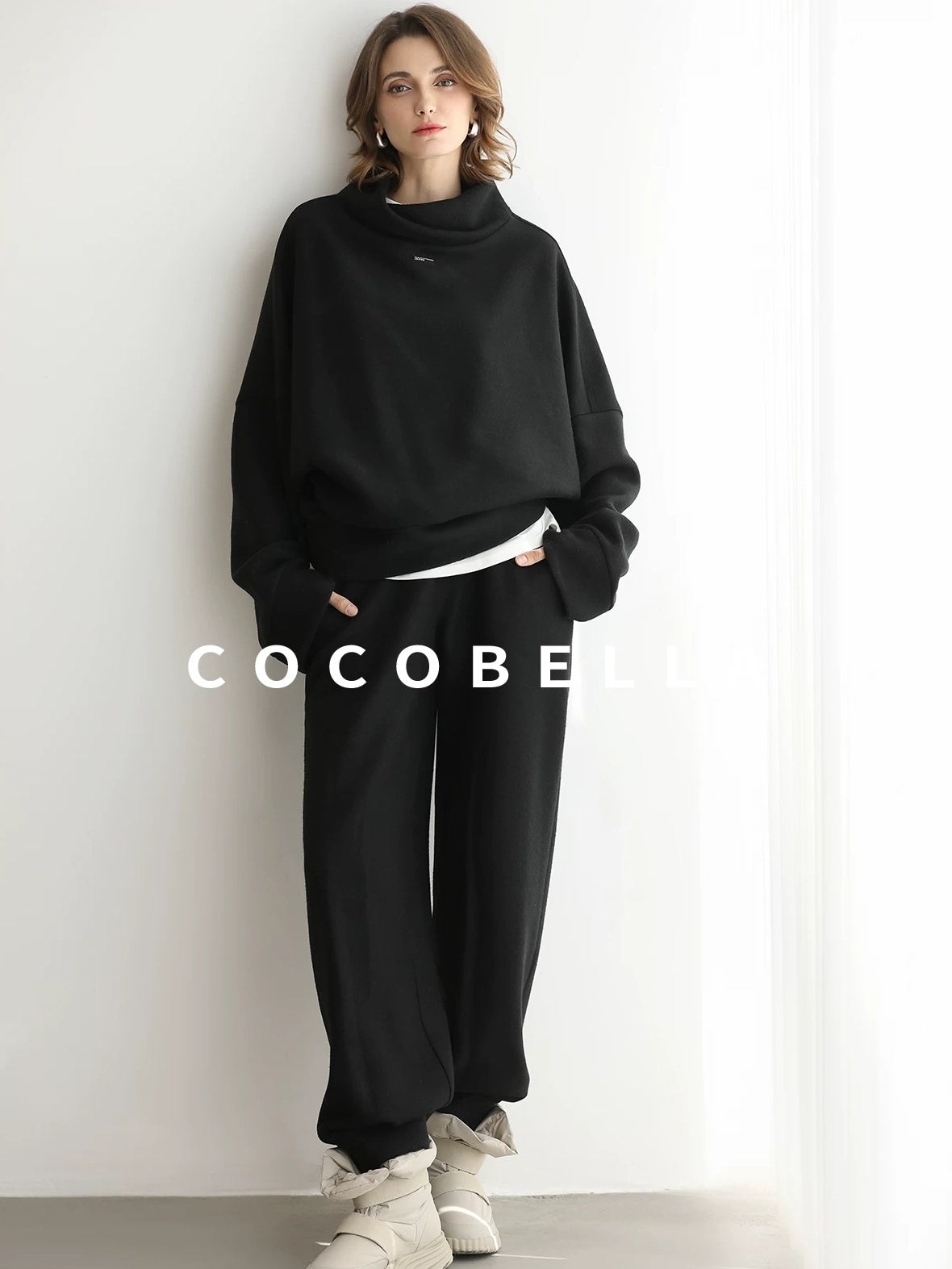 COCOBELLA Cozy Oversized Drop Shoulder Stand Collar Thick Street Casual Knit Sweater
