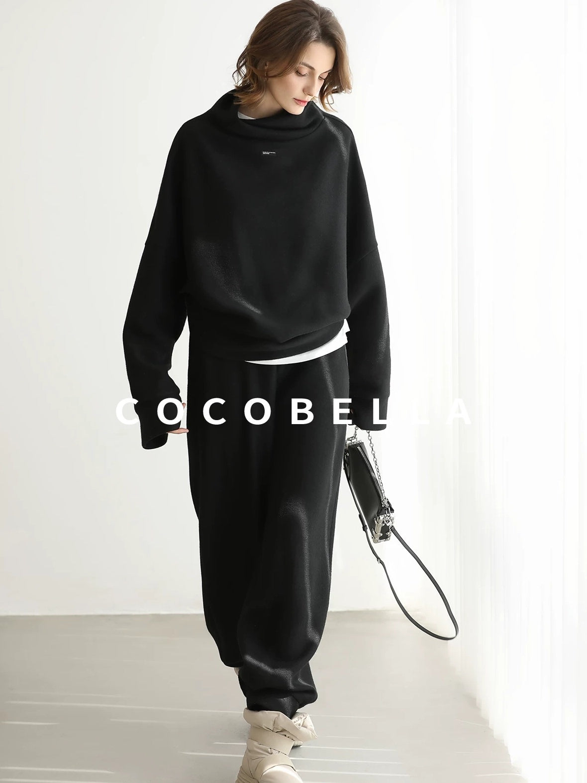 COCOBELLA Cozy Oversized Drop Shoulder Stand Collar Thick Street Casual Knit Sweater