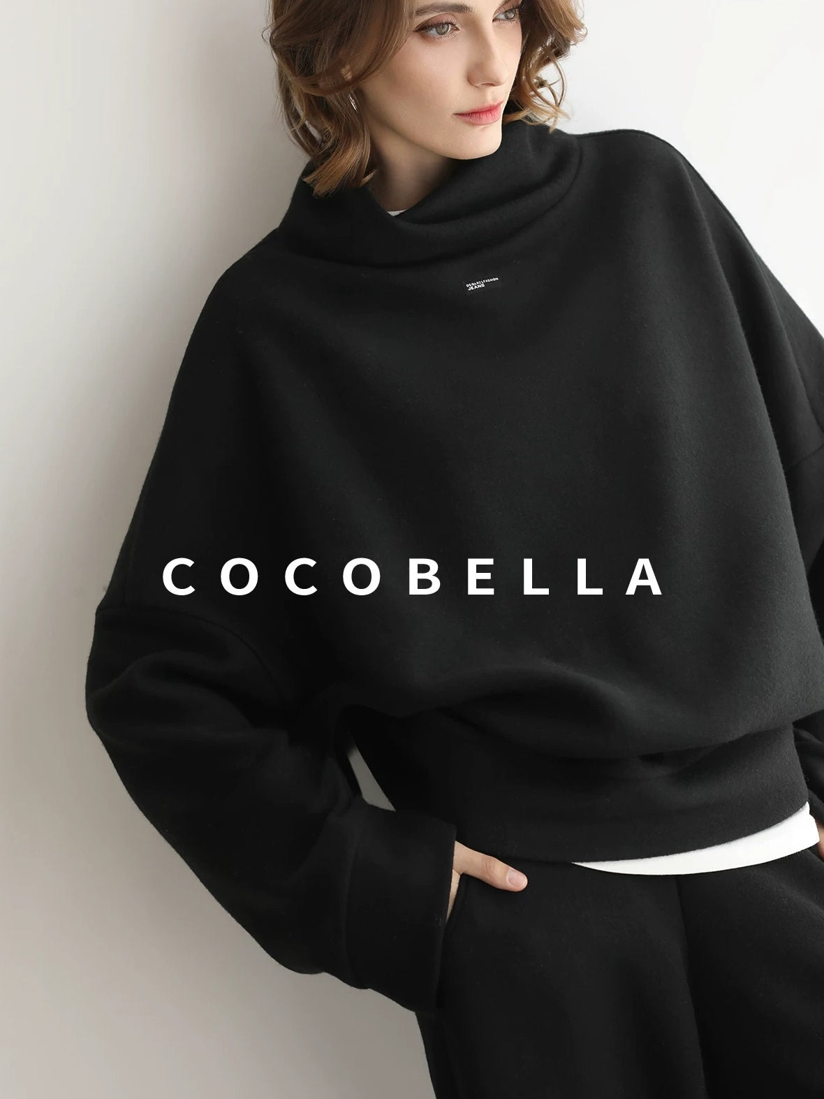COCOBELLA Cozy Oversized Drop Shoulder Stand Collar Thick Street Casual Knit Sweater
