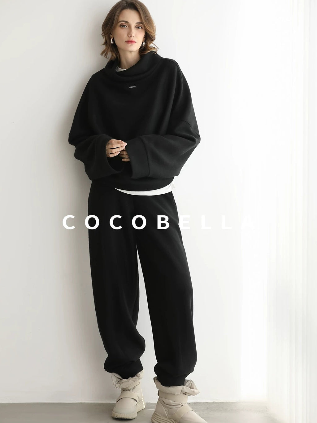 COCOBELLA Cozy Oversized Drop Shoulder Stand Collar Thick Street Casual Knit Sweater