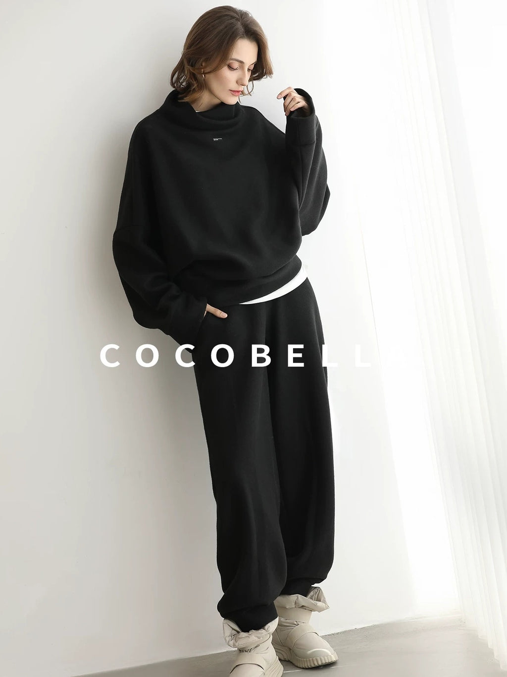 COCOBELLA Cozy Oversized Drop Shoulder Stand Collar Thick Street Casual Knit Sweater