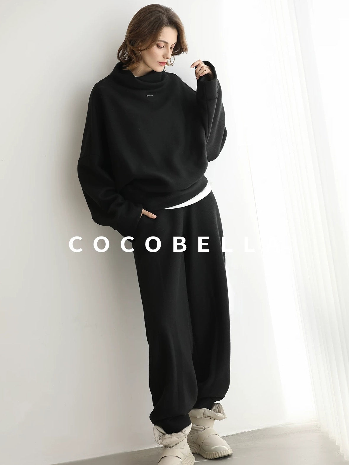 COCOBELLA Cozy Oversized Drop Shoulder Stand Collar Thick Street Casual Knit Sweater