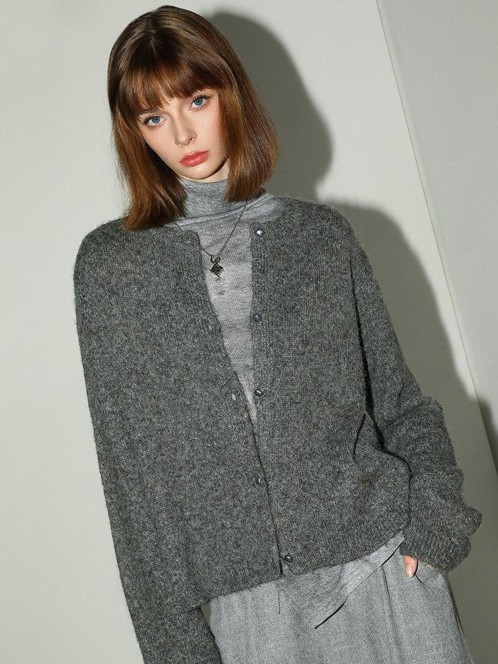 COCOBELLA Cozy Soft Thick Knit Buttoned Boucle Straight Fit Women Crew Neck Sweater