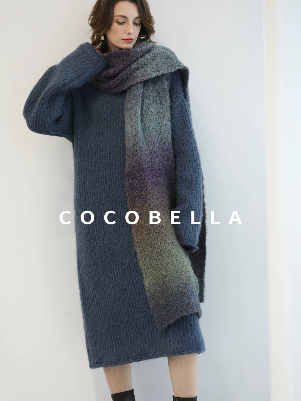 COCOBELLA Cozy Thick Acrylic Blend Vintage Knit Roll Edge Loose Waist City Commute Dresses