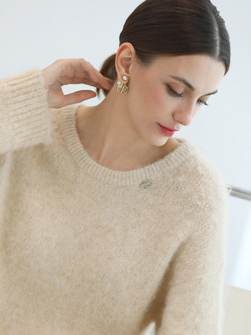 COCOBELLA Cozy Thick Loose Fit Commuter Round Neck Long Sleeve Knit Beige Women Sweater