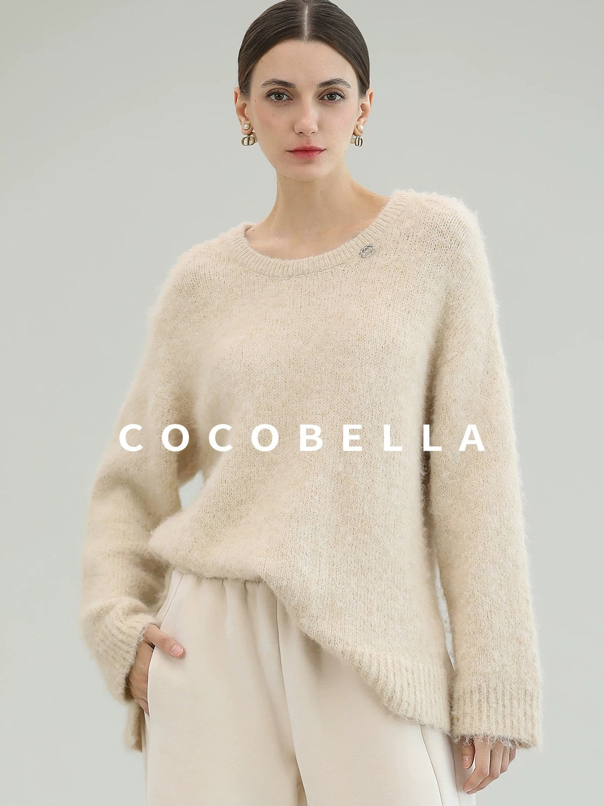 COCOBELLA Cozy Thick Loose Fit Commuter Round Neck Long Sleeve Knit Beige Women Sweater