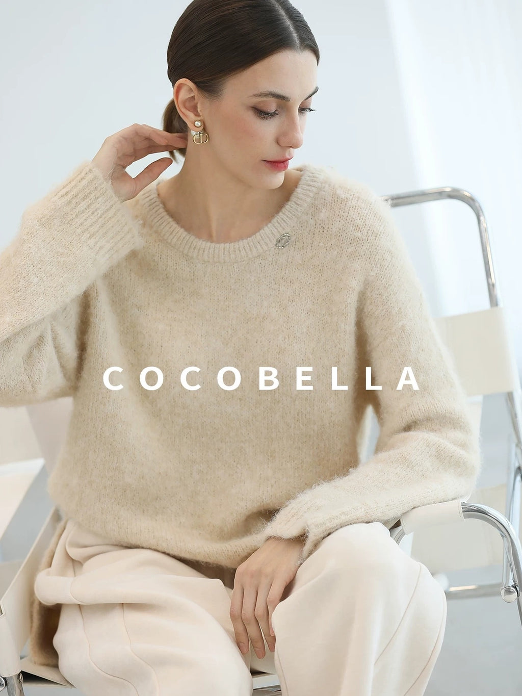 COCOBELLA Cozy Thick Loose Fit Commuter Round Neck Long Sleeve Knit Beige Women Sweater