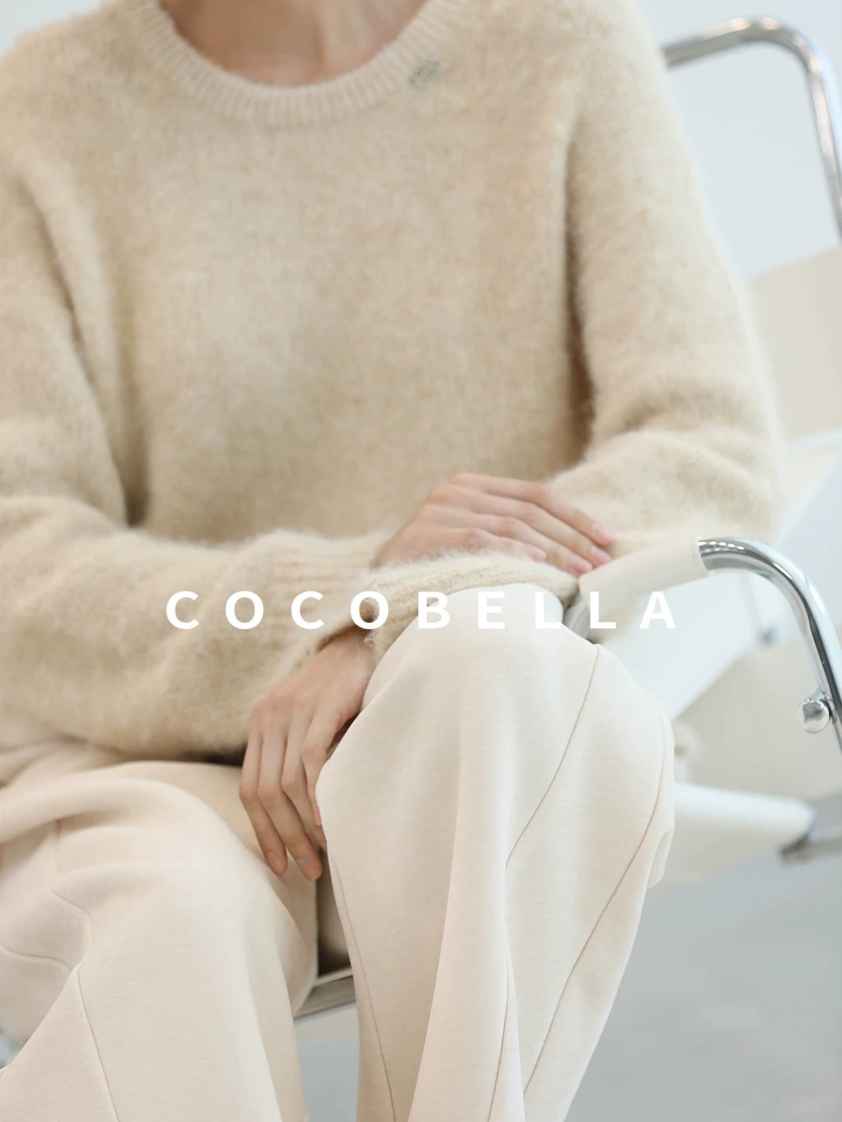 COCOBELLA Cozy Thick Loose Fit Commuter Round Neck Long Sleeve Knit Beige Women Sweater