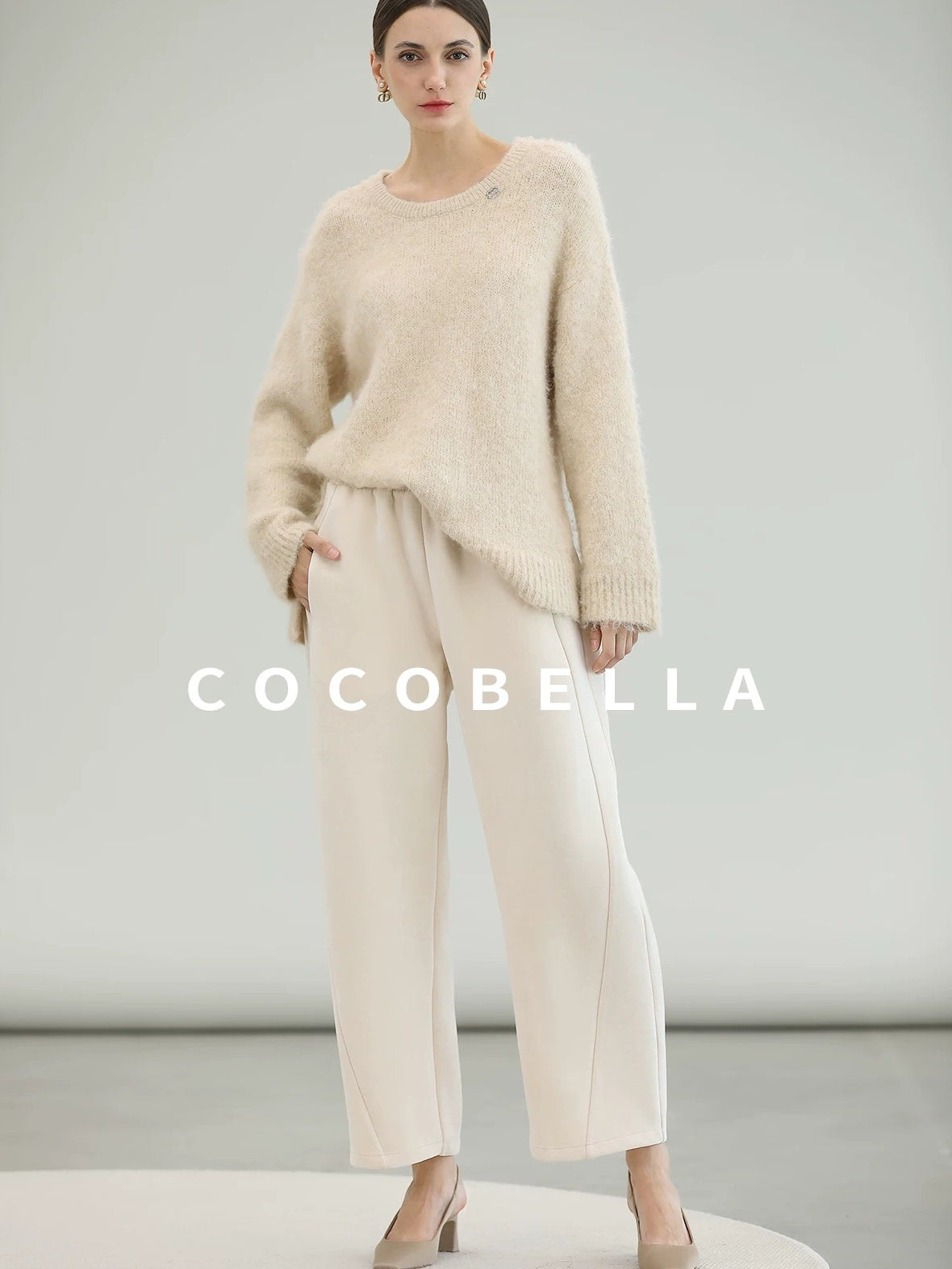 COCOBELLA Cozy Thick Loose Fit Commuter Round Neck Long Sleeve Knit Beige Women Sweater