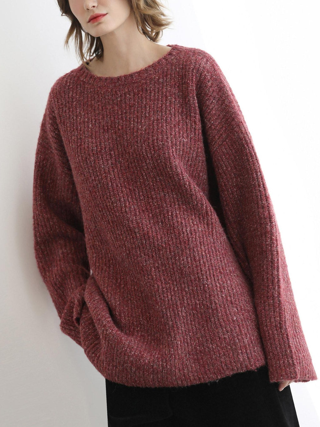 COCOBELLA Cozy Thick Marled Knit Loose Fit Workwear Crew Neck Women Berry Sweater