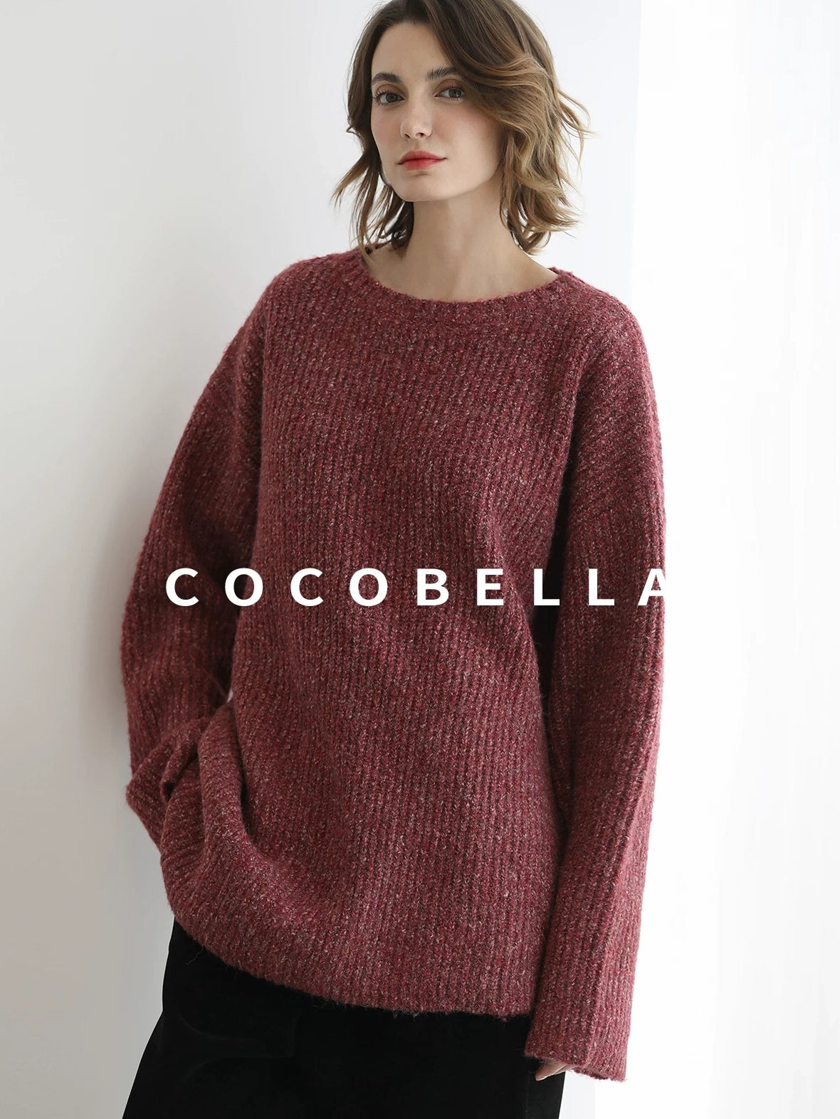 COCOBELLA Cozy Thick Marled Knit Loose Fit Workwear Crew Neck Women Berry Sweater