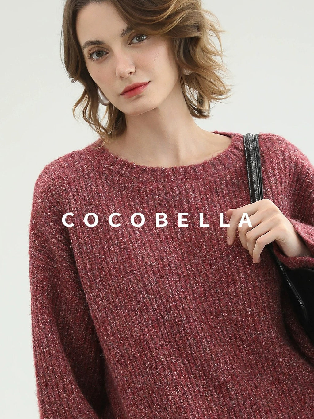 COCOBELLA Cozy Thick Marled Knit Loose Fit Workwear Crew Neck Women Berry Sweater