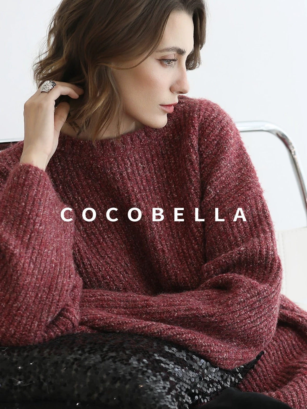 COCOBELLA Cozy Thick Marled Knit Loose Fit Workwear Crew Neck Women Berry Sweater