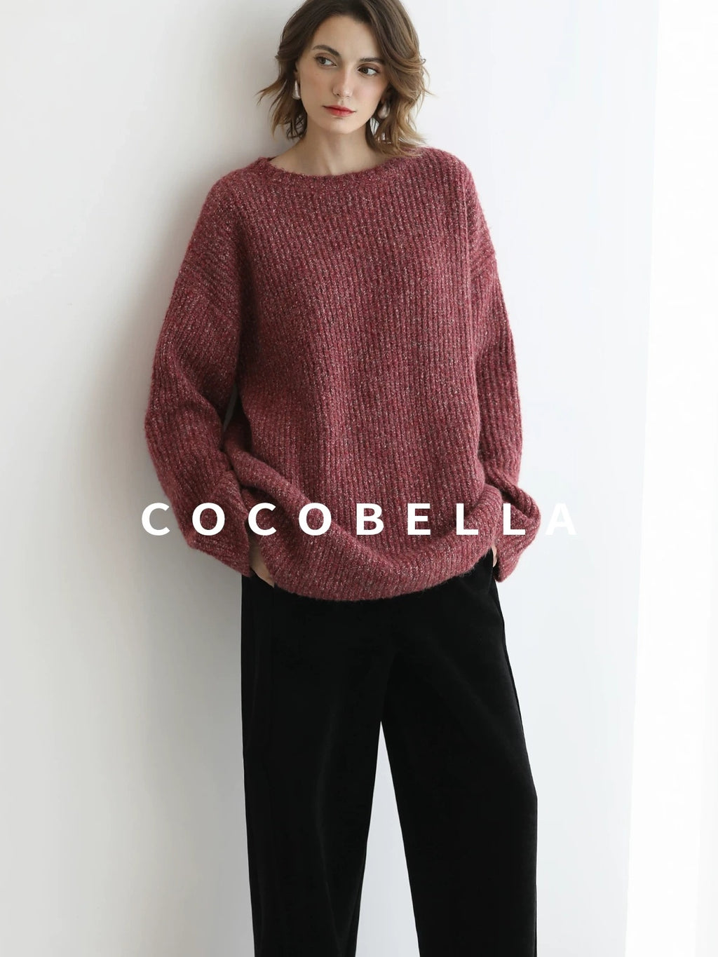 COCOBELLA Cozy Thick Marled Knit Loose Fit Workwear Crew Neck Women Berry Sweater