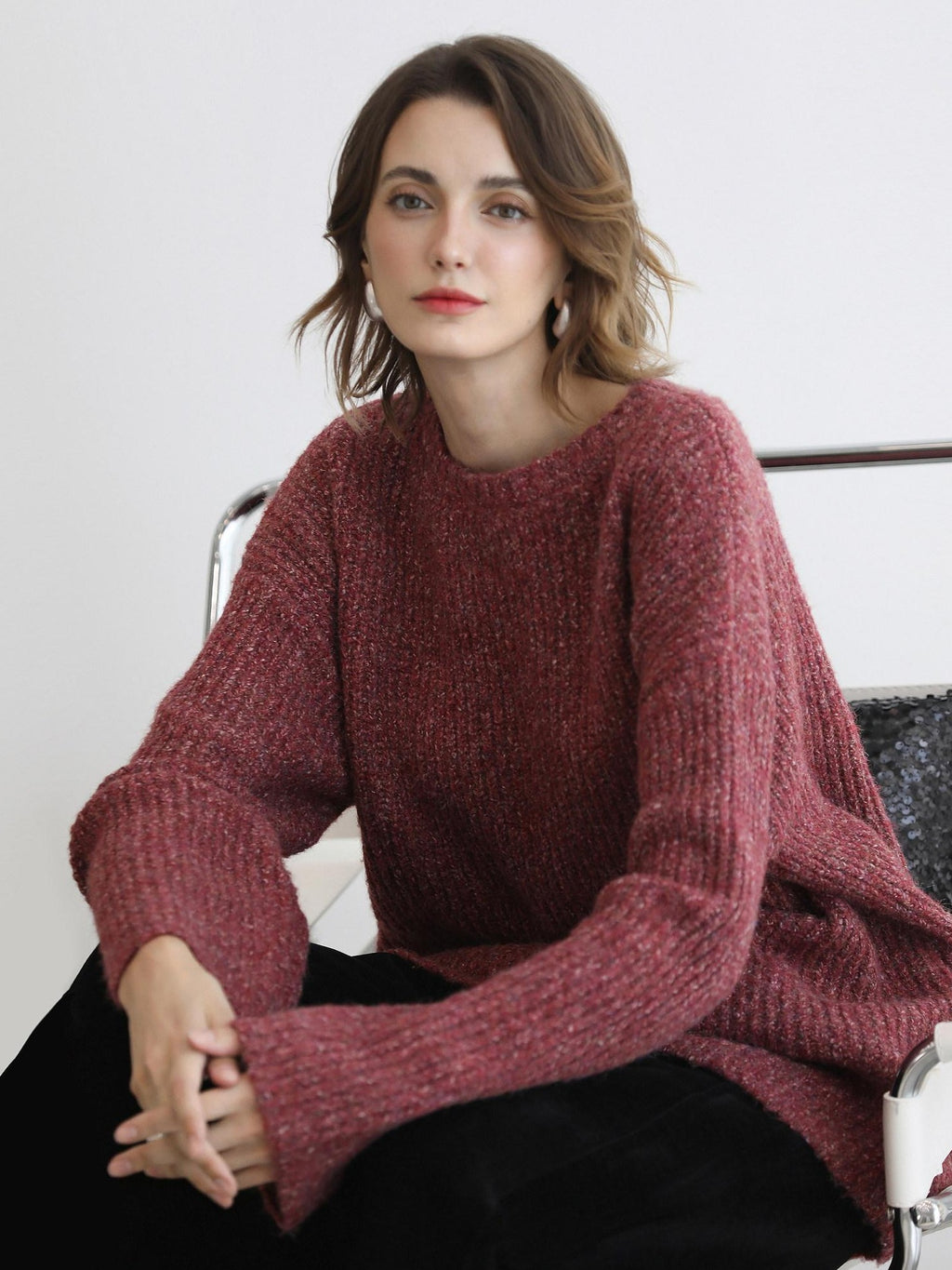 COCOBELLA Cozy Thick Marled Knit Loose Fit Workwear Crew Neck Women Berry Sweater