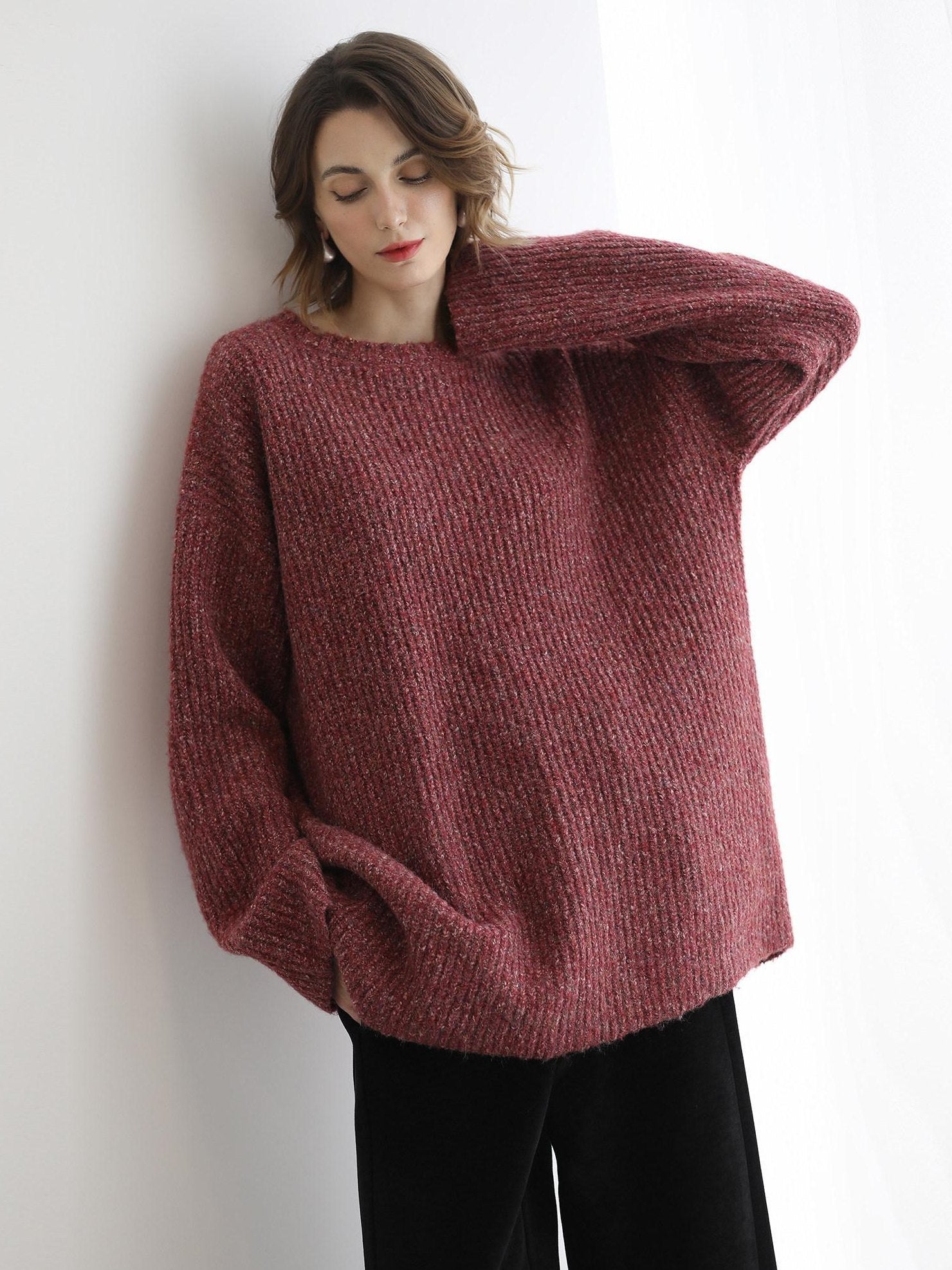 COCOBELLA Cozy Thick Marled Knit Loose Fit Workwear Crew Neck Women Berry Sweater