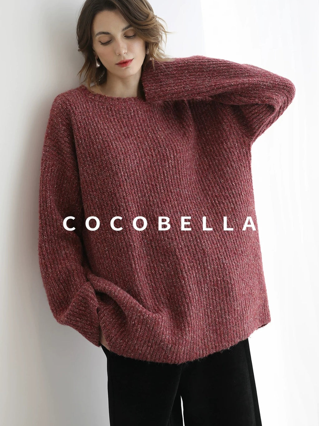 COCOBELLA Cozy Thick Marled Knit Loose Fit Workwear Crew Neck Women Berry Sweater