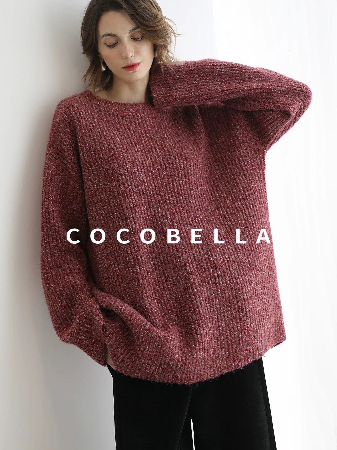 COCOBELLA Cozy Thick Marled Knit Loose Fit Workwear Crew Neck Women Berry Sweater