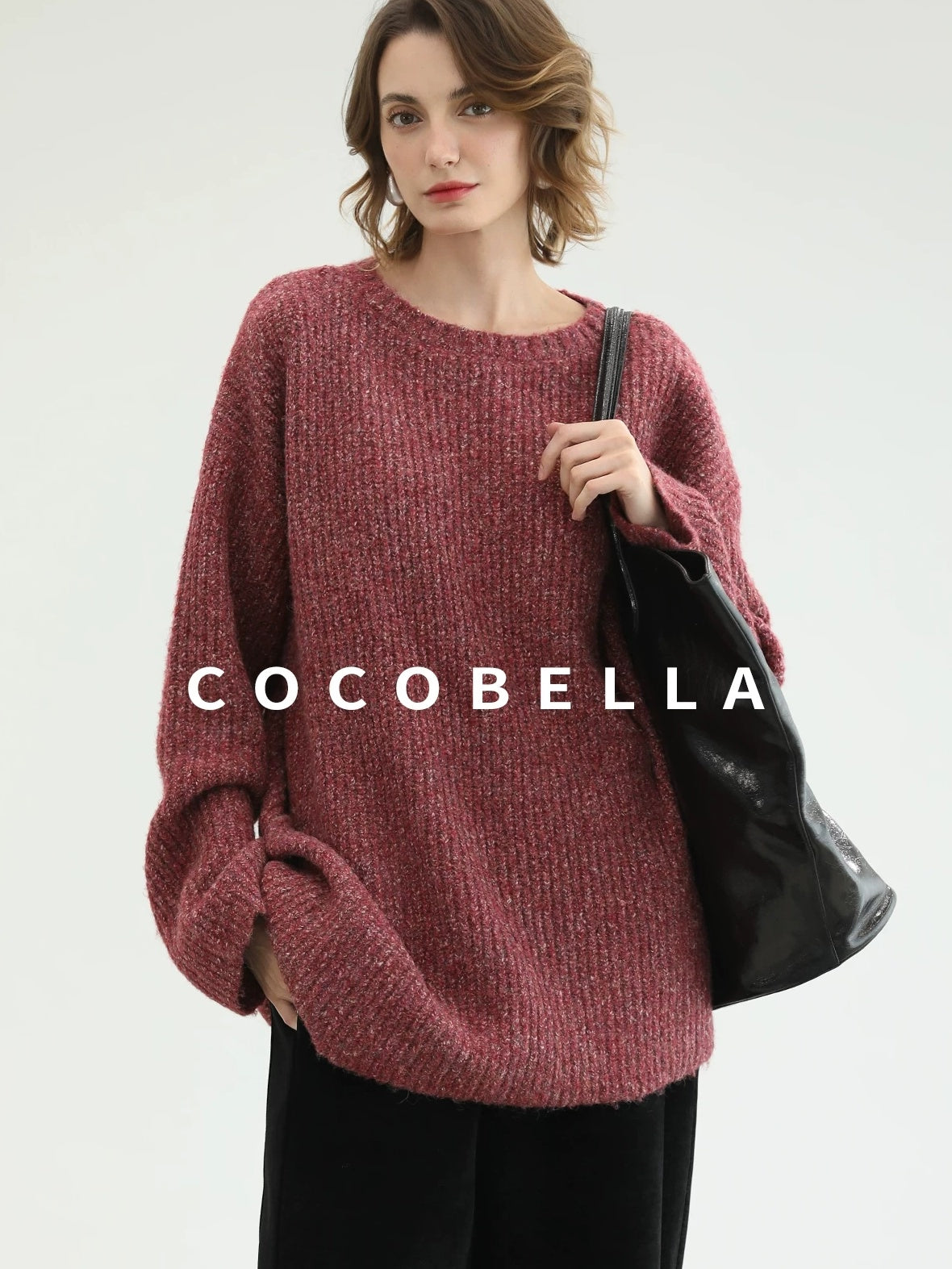 COCOBELLA Cozy Thick Marled Knit Loose Fit Workwear Crew Neck Women Berry Sweater
