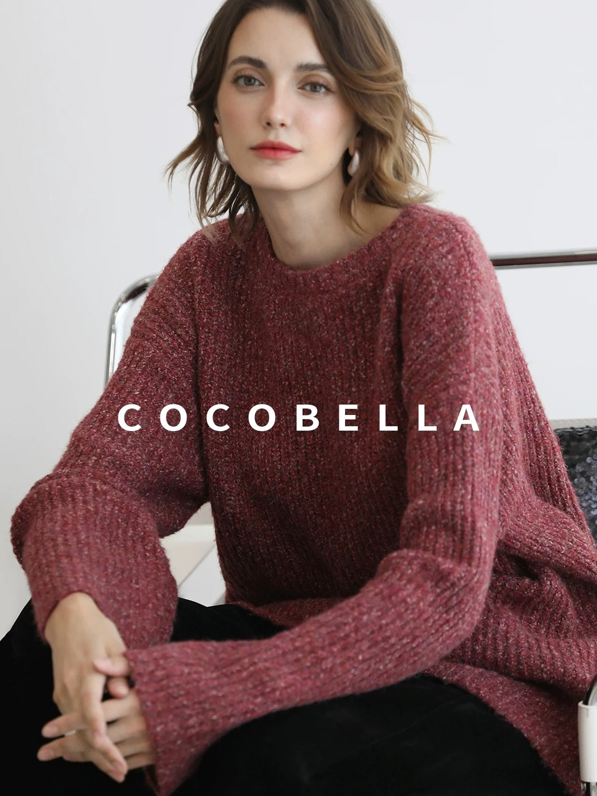 COCOBELLA Cozy Thick Marled Knit Loose Fit Workwear Crew Neck Women Berry Sweater