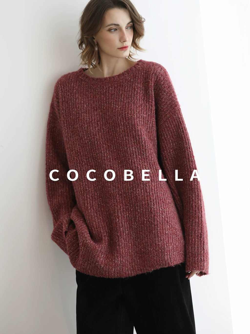 COCOBELLA Cozy Thick Marled Knit Loose Fit Workwear Crew Neck Women Berry Sweater