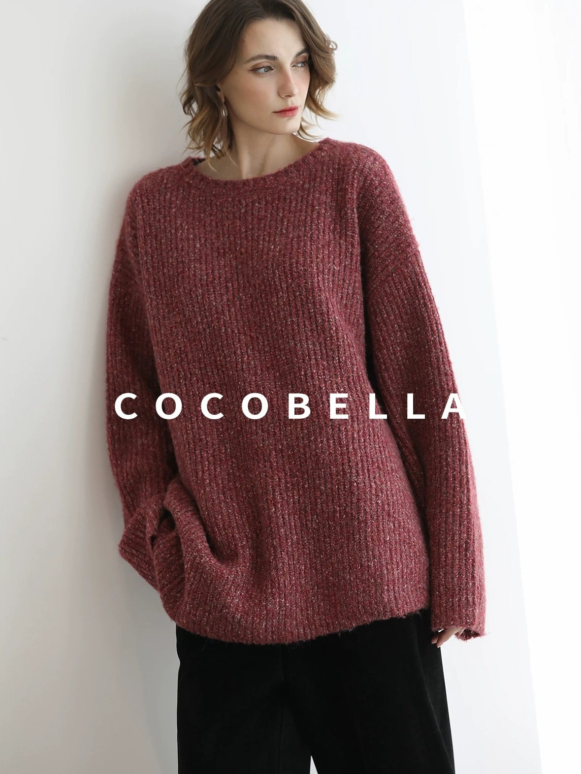 COCOBELLA Cozy Thick Marled Knit Loose Fit Workwear Crew Neck Women Berry Sweater