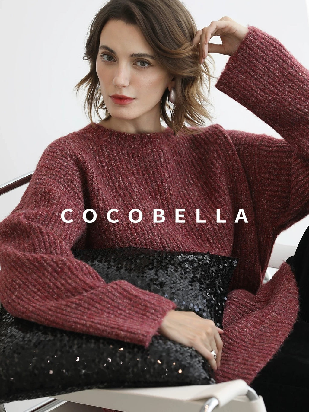 COCOBELLA Cozy Thick Marled Knit Loose Fit Workwear Crew Neck Women Berry Sweater