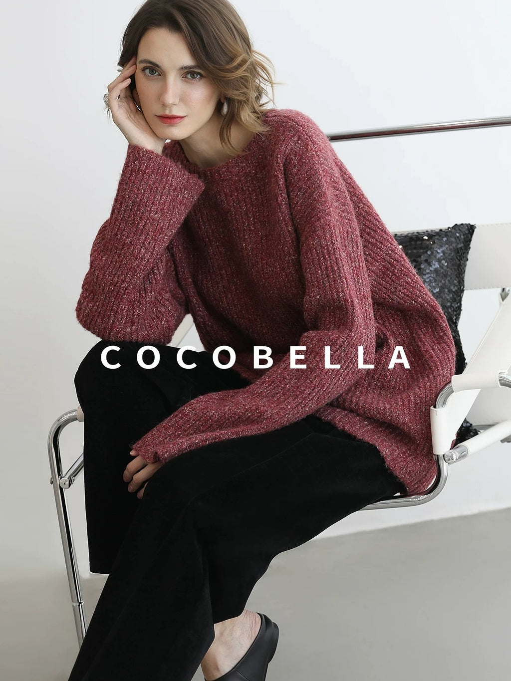COCOBELLA Cozy Thick Marled Knit Loose Fit Workwear Crew Neck Women Berry Sweater