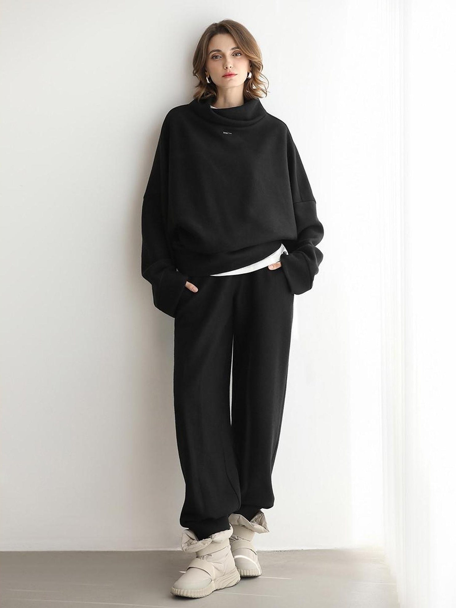 COCOBELLA Cozy Thick Pullover Stand Collar Loose Drop Shoulder Long Sleeve Street Sweatshirts