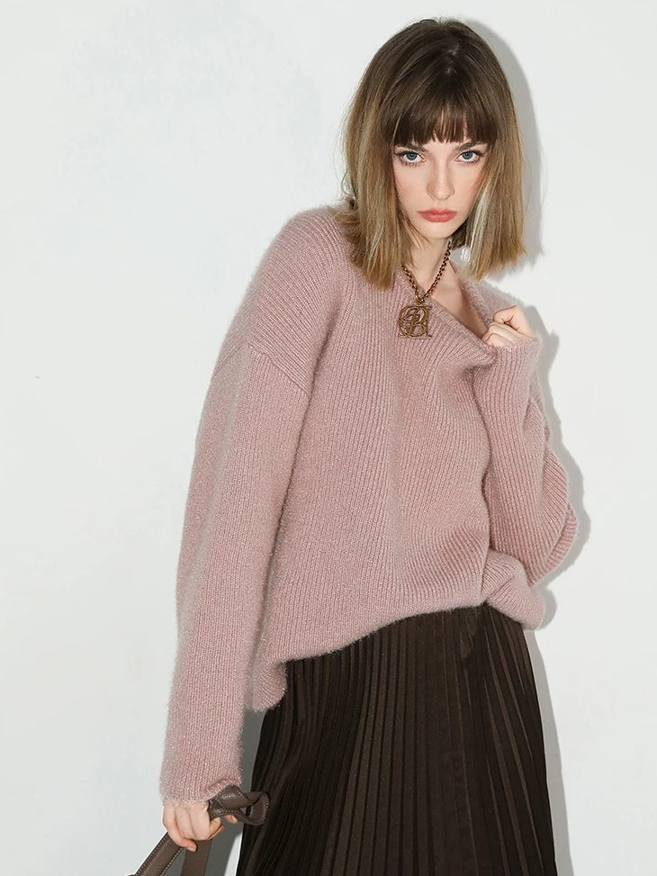 COCOBELLA Cozy Thick Pullover Sweet Straight Fit Crew Neck Blush Pink Knit Sweater