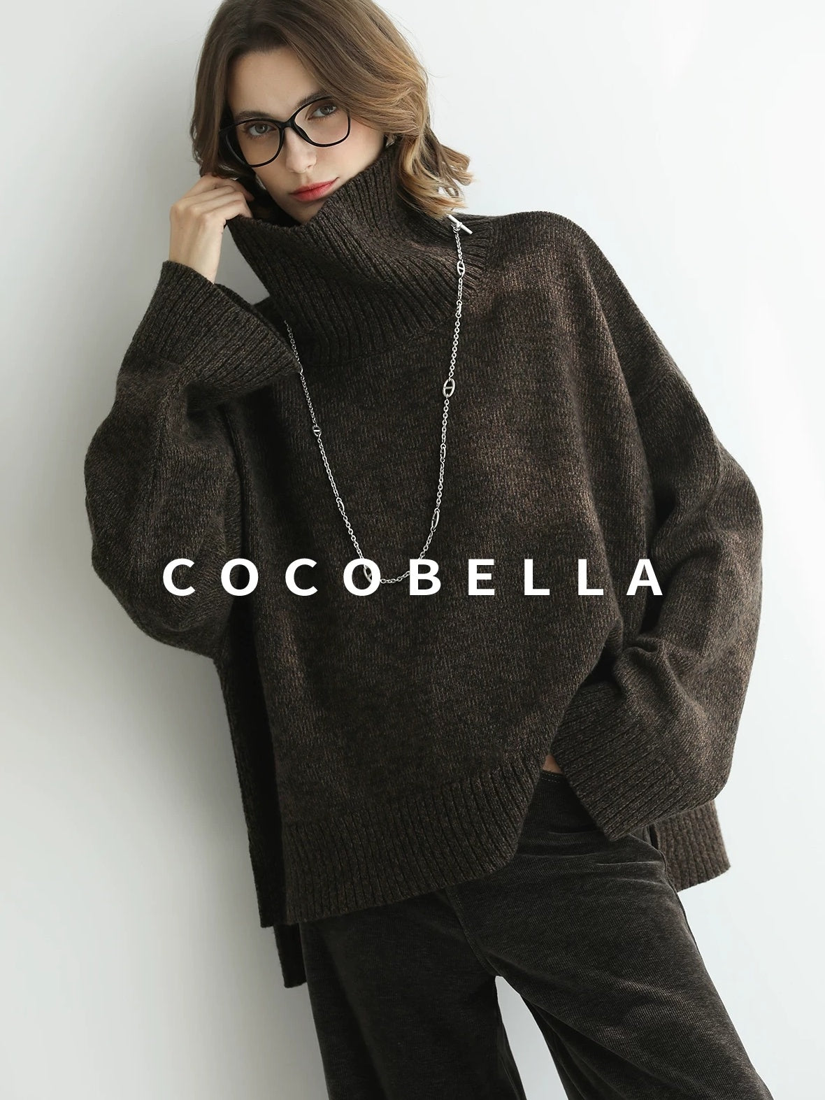 COCOBELLA Cozy Thick Relaxed Fit Slub Knit Women Office Turtleneck Sweater